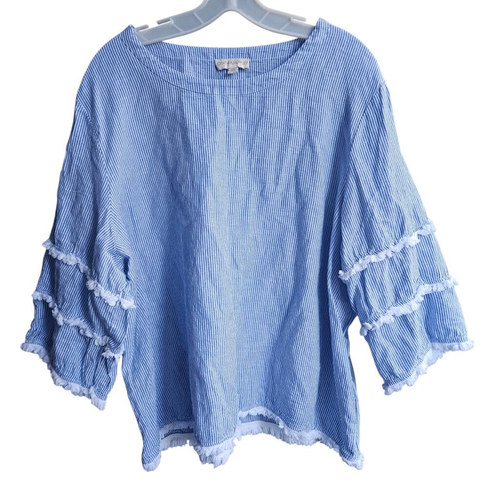 Cynthia Rowley Linen Blend Striped Blouse Boxy Fit Fringe 3/4 Sleeve Top Size 2x